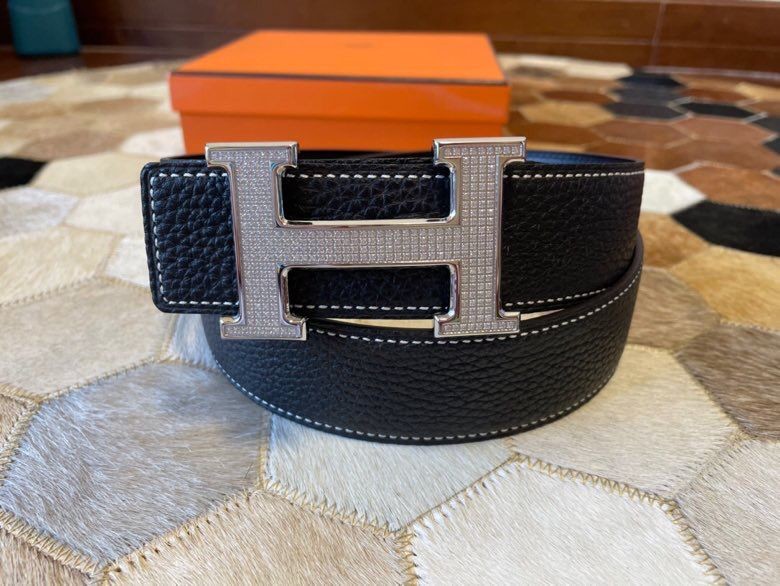 Hermes Stainless Steel Full Rhinestone Reversible Leather Men s 3.8cm Belt