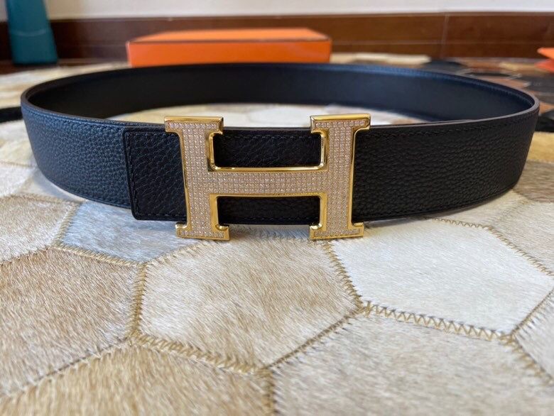 Hermes Stainless Steel Full Rhinestone Reversible Leather Men s 3.8cm Belt