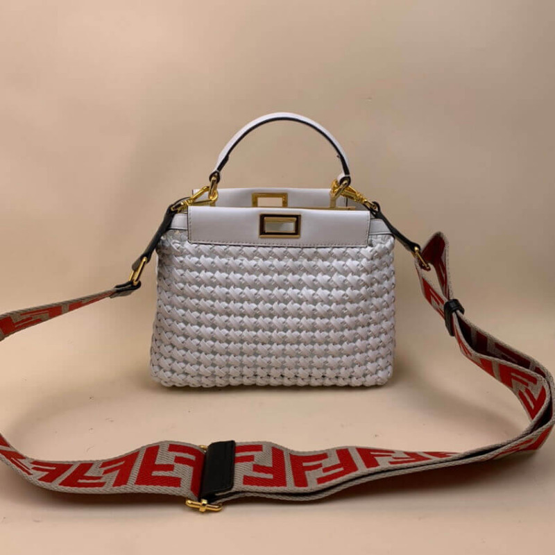 Fendi Peekaboo Iconic Mini Leather Interlace Bag 2031 White