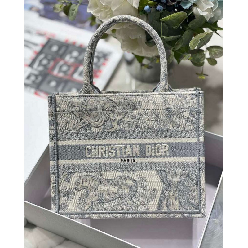Christian Dior Small Book Tote Bag 26cm Toile De Jouy Reverse Embroidery Grey