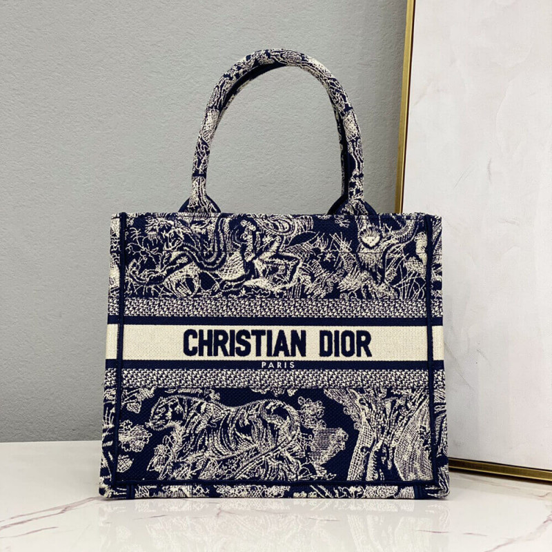 Christian Dior Small Book Tote Bag 26cm Toile De Jouy Embroidery Blue