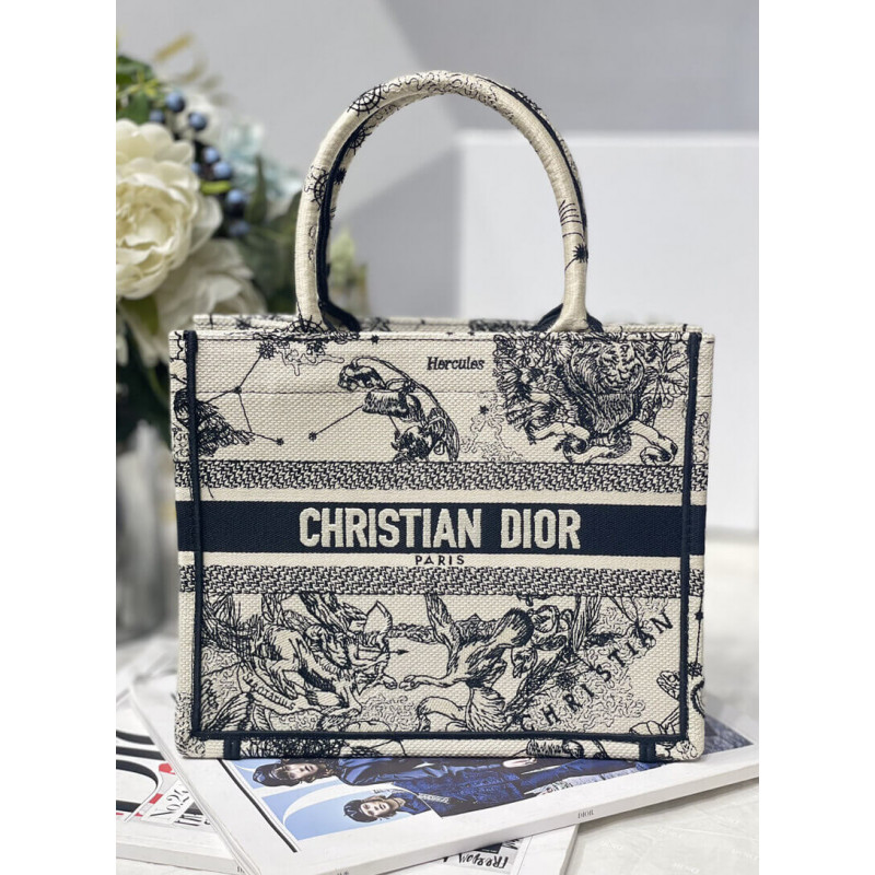 Christian Dior Small Book Tote Bag 26cm Latte Toile De Jouy Zodiac Embroidery Beige