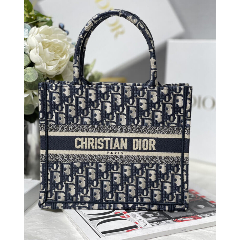 Christian Dior Small Book Tote Bag 26cm Oblique Embroidery Blue