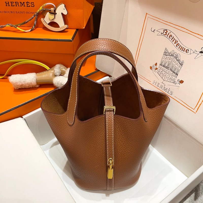 Hermes Picotin Lock Bag in Taurillon Clemence Gold Brown