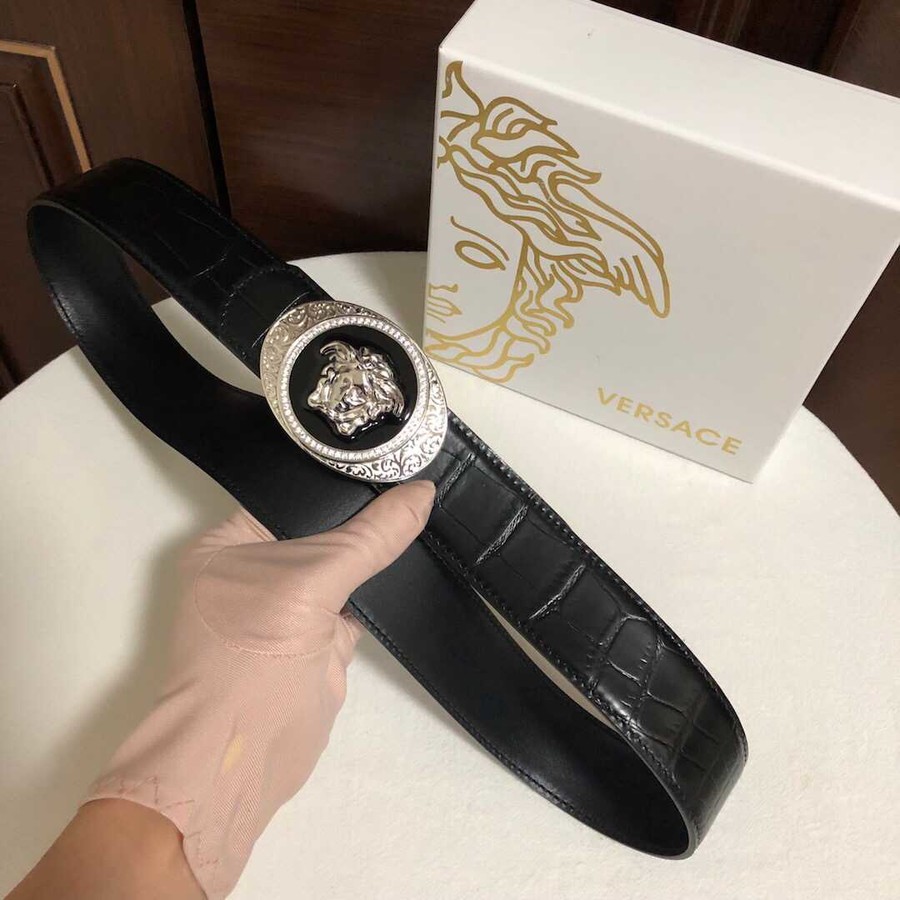 Versace Men s cowhide embossed crocodile pattern stainless steel Medusa head metal buckle belt 3.8cm
