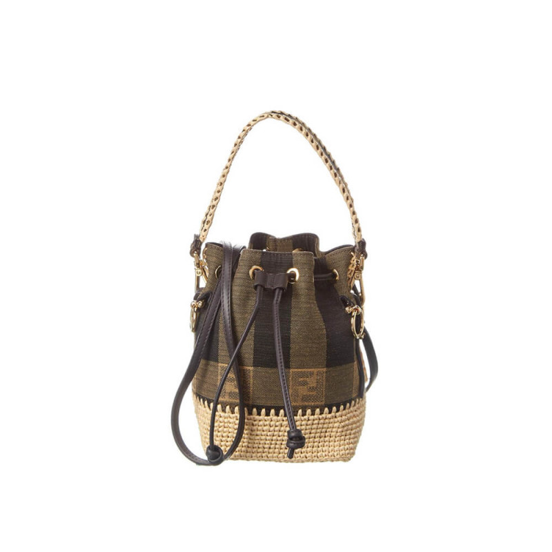 Fendi Brown Mon Tresor Mini Canvas &amp; Raffia Bucket Bag 2028