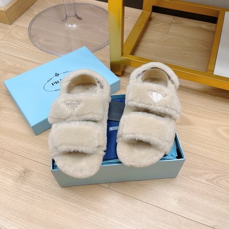 Prada Triangle buckle crossed sheepskin and fur sandals