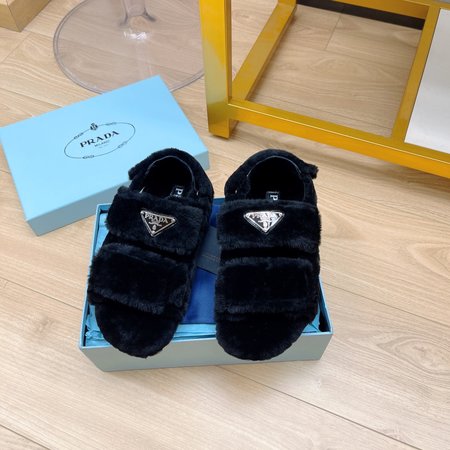Prada Triangle buckle crossed sheepskin and fur sandals