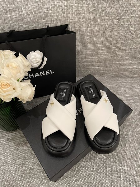 Chanel Cross Strap Sliders Silk Cloth Lining Sheepskin