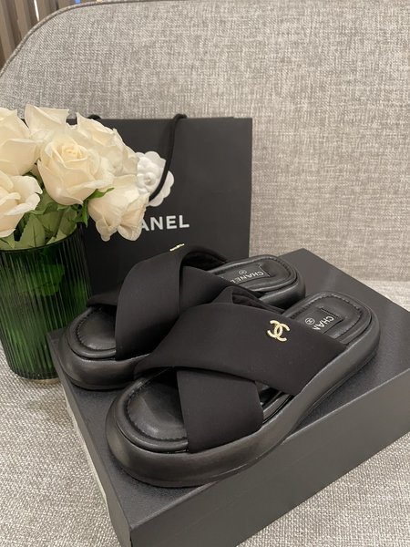 Chanel Cross Strap Sliders Silk Cloth Lining Sheepskin