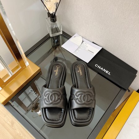 Chanel Embroidered Logo Slippers Platform