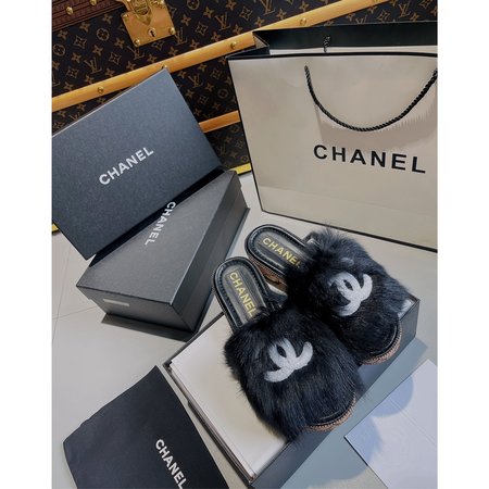 Chanel furry slippers