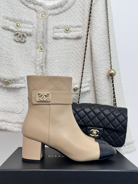 Chanel CC colorblock block heel boots